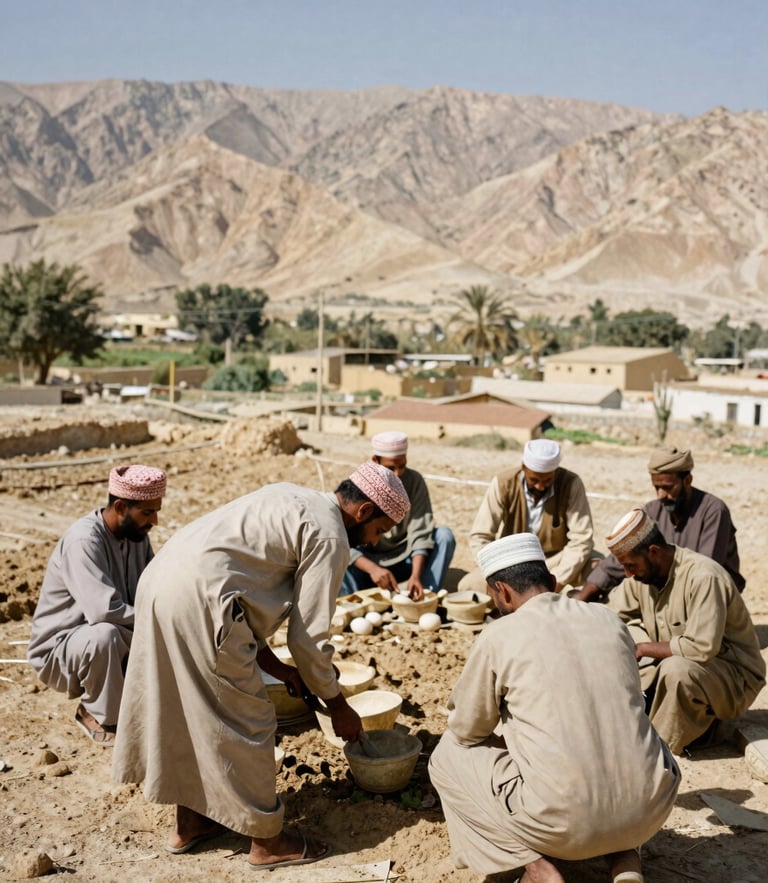 A warm, sun-drenched medium shot of cooperative agricultural workers in a MENA valley, collaborating under natural daylight, earthy tones, 35mm lens.