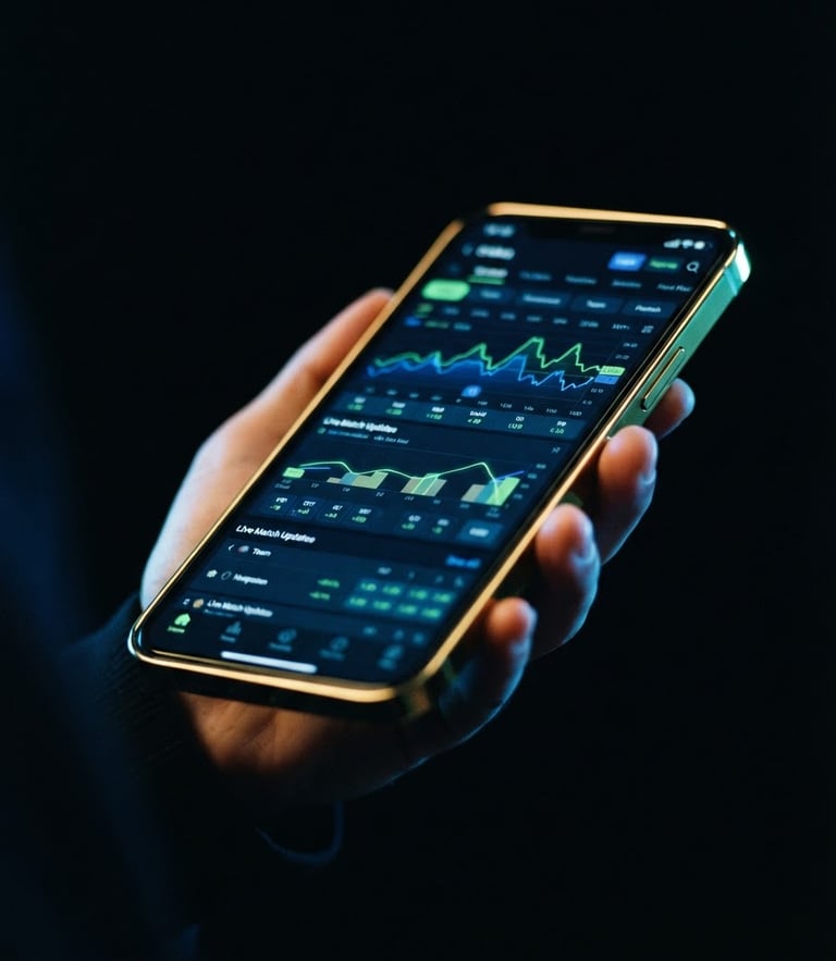 Low-angle cinematic shot of a gold-plated smartphone displaying live cricket betting charts, dramatic electric royal blue and neon green rim lighting, deep obsidian background, high-contrast 35mm photography.