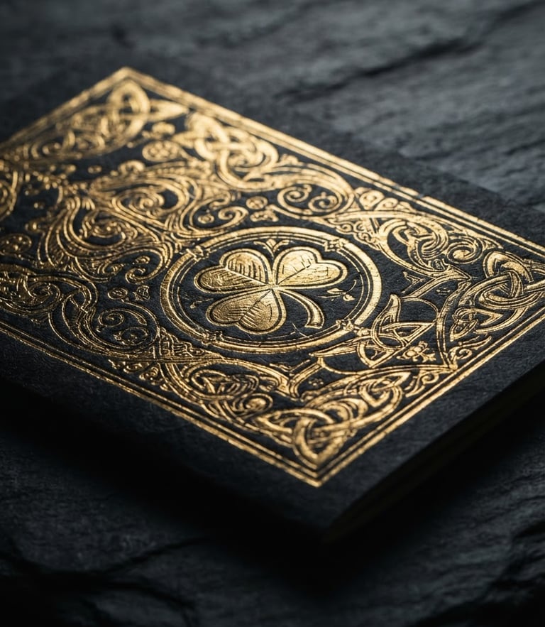 Macro close-up of a gold-foil embossed Lucky Charlie booklet resting on dark slate with low-key side lighting.