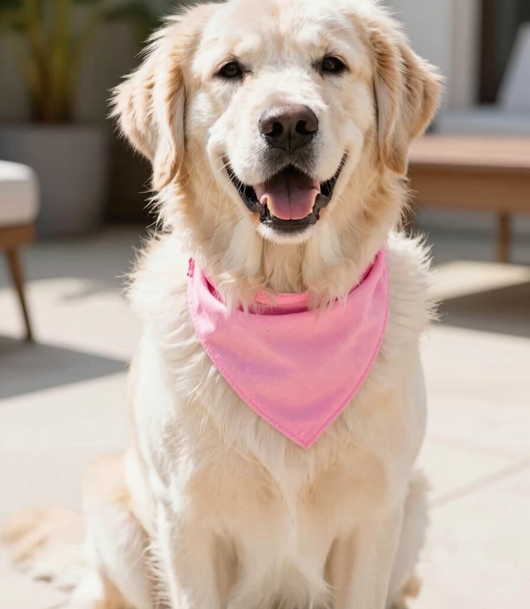 Warm editorial pet photography of a happy Golden Retriever wearing a vibrant pink handmade bandana, sitting on a sunlit patio, bright natural daylight, shallow depth of field