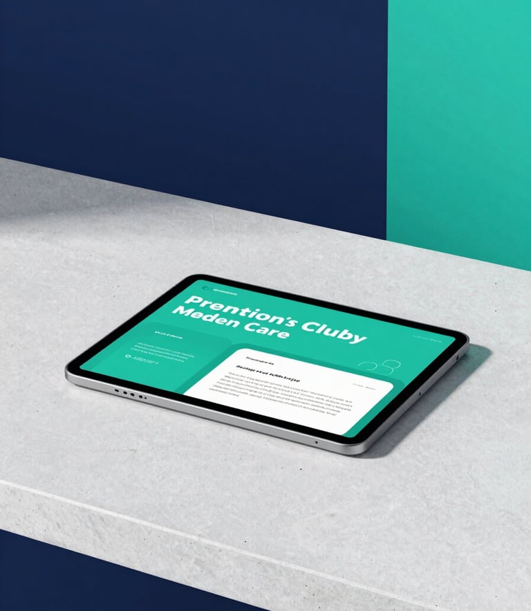 High-fidelity 3D digital mockup of a premium educational book on a modern tablet, resting on a clean concrete desk with soft shadows, minimalist navy and teal background.