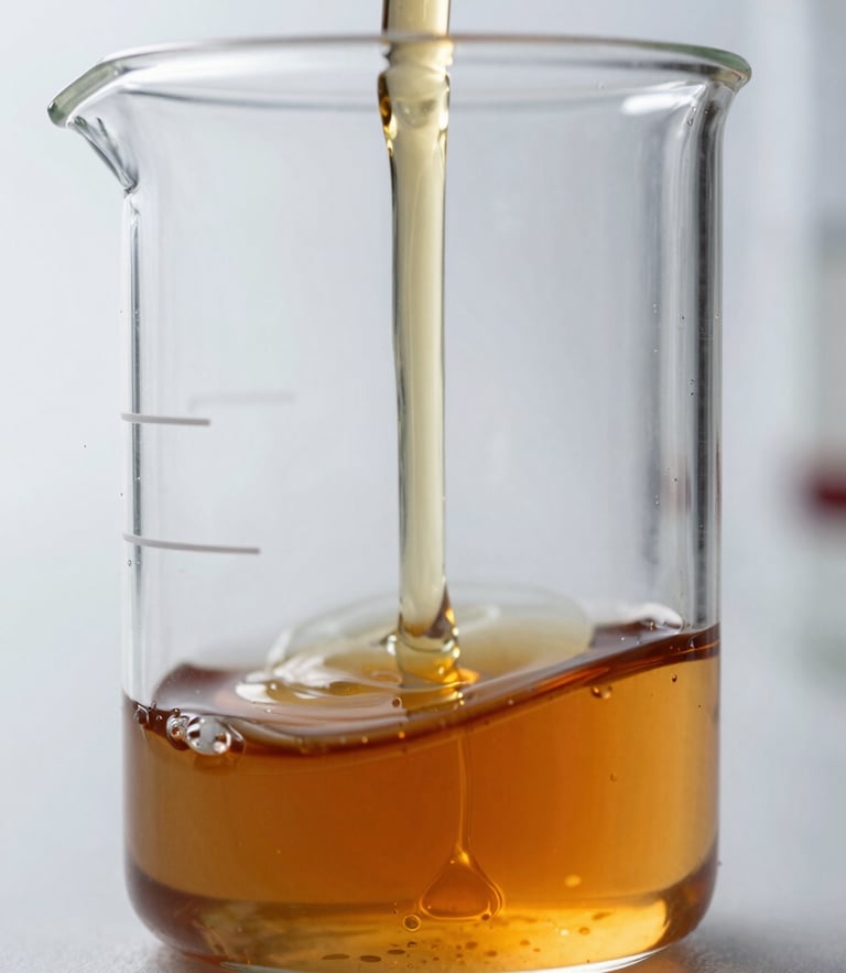 Macro close-up of amber fluid blending in clear laboratory glassware under sharp, cool white technical lighting, high contrast.