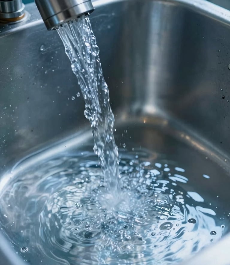 Macro photography of a high-pressure water stream rinsing a pristine stainless steel industrial vat, cool clinical blue light, high contrast reflection.