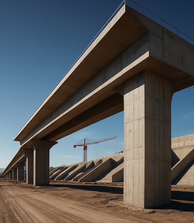 Wide-angle high-contrast shot of a massive concrete infrastructure project in Chile under bright daylight, sharp architectural lines, expansive sky, negative space on the left.