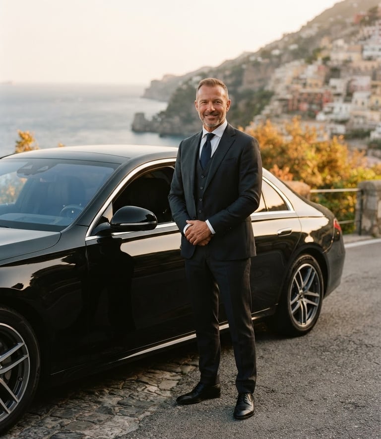 A professional driver in tailored dark attire standing beside a polished black luxury vehicle, warm golden-hour Mediterranean sunlight, soft side-lighting, elegant editorial style, 35mm portrait