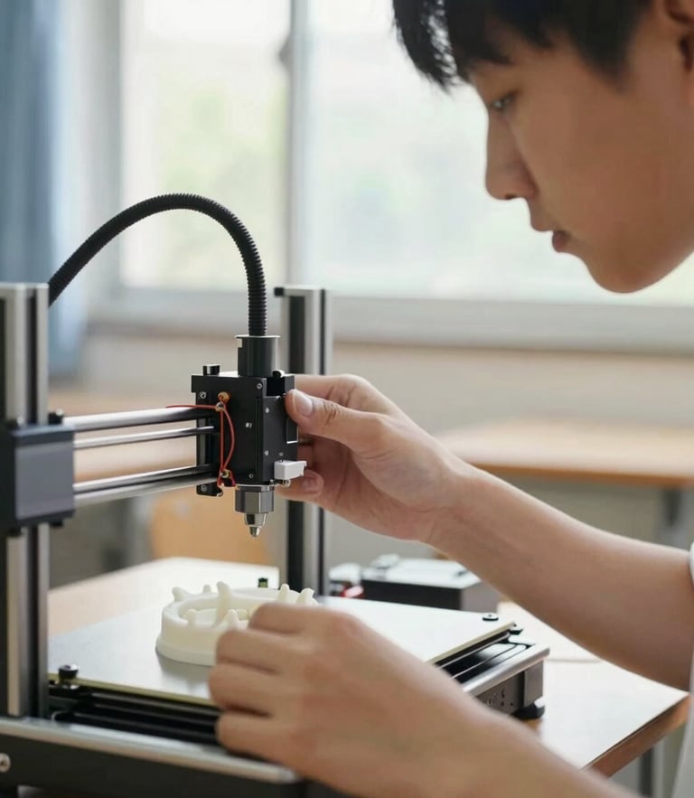 A close-up of a high school student adjusting a 3D printer nozzle, bright natural light from a classroom window, shallow depth of field.