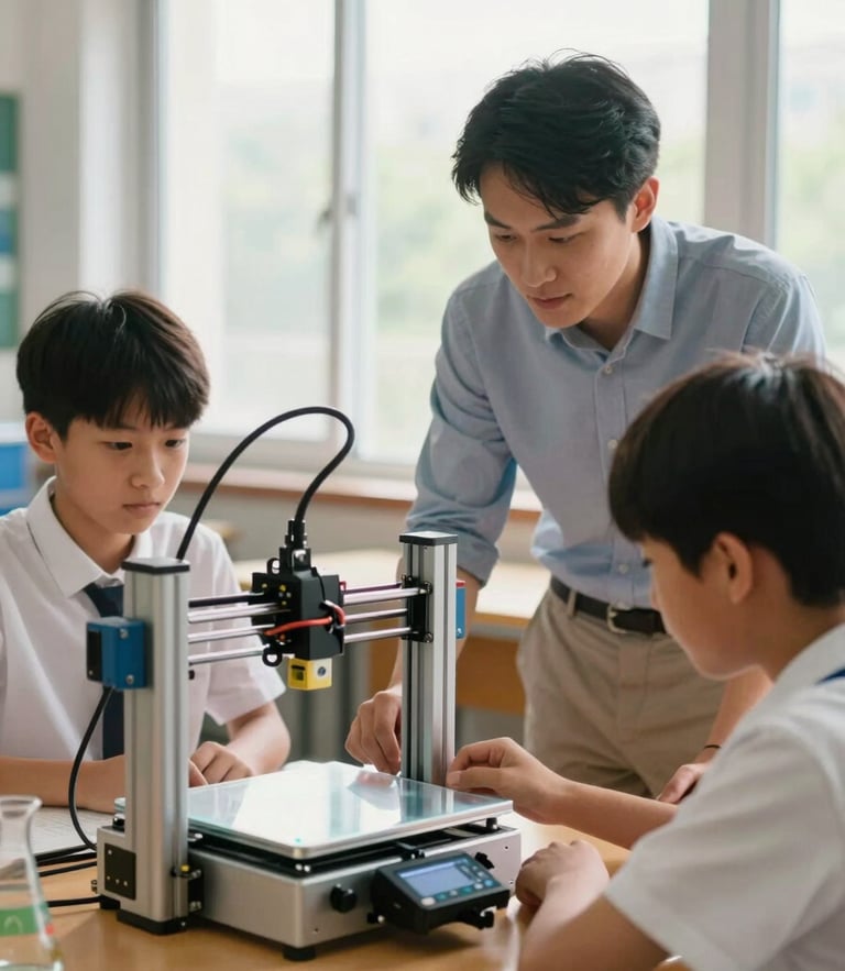 A bright science classroom where a teacher guides two students operating a 3D printer, warm natural window light, shallow depth of field.