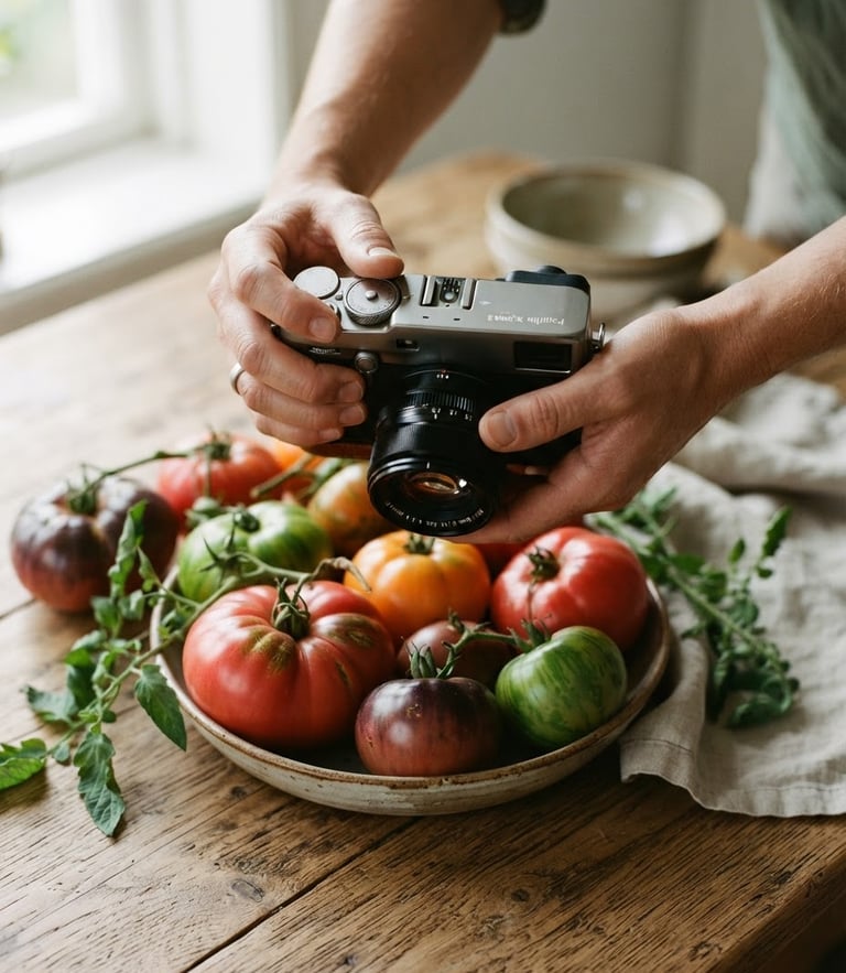 A close-up of hands holding a camera over a rustic wooden table with fresh heirloom tomatoes, soft natural Scandinavian daylight, shallow depth of field, 35mm