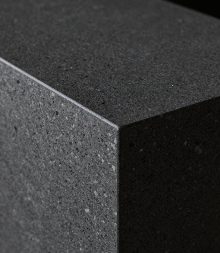 Extreme close-up of a flawless 45-degree miter joint in a dark charcoal quartz sinter countertop, dramatic side-lighting, sharp focus on texture, architectural interior photography.