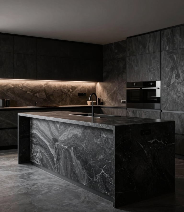 Architectural wide shot of a monolithic kitchen island crafted from dark charcoal quartz sinter, seamless mitered edges, dramatic side-lighting, minimalist luxury kitchen interior