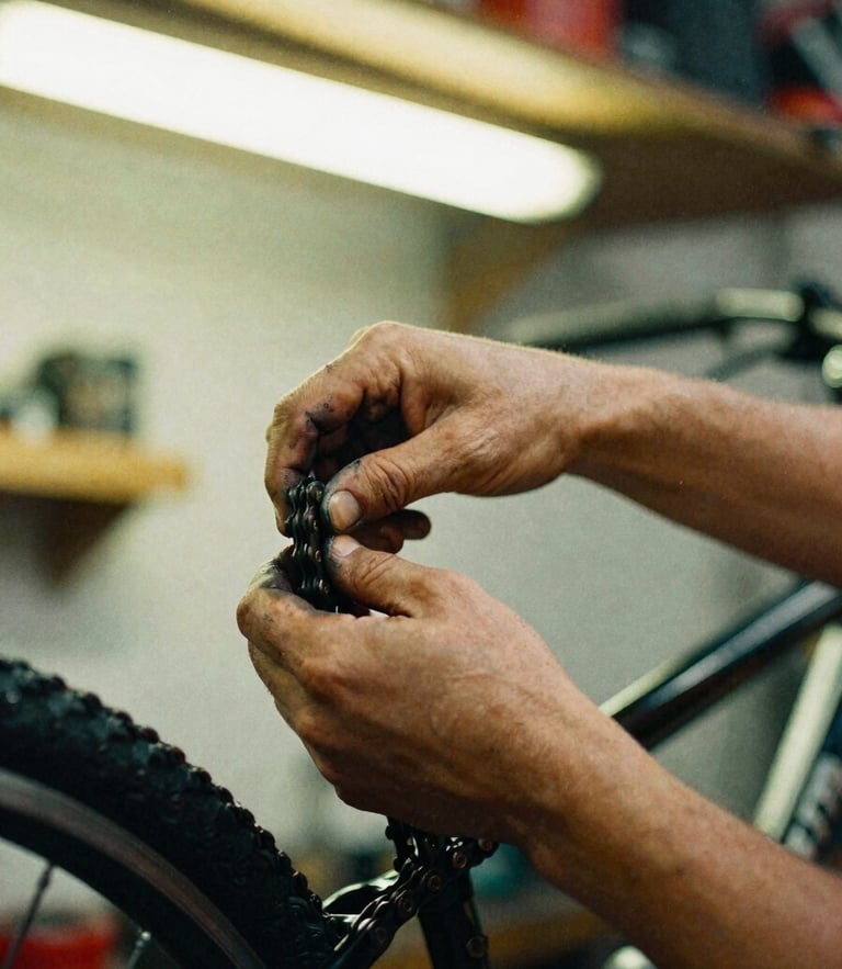 Close-up of grease-stained hands adjusting a bicycle chain, warm fluorescent workshop lighting, high contrast vibrant tones, 35mm film grain