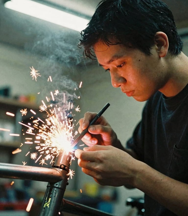 Close-up portrait of a non-binary person welding a bicycle frame, sparks flying, warm fluorescent workshop light, high contrast, 35mm film grain