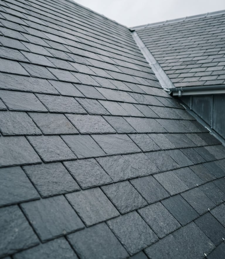 Close-up of perfectly aligned slate tiles on a modern roof, sharp focus, overcast daylight, slate grey tones, architectural photography