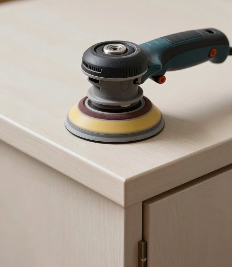 Close-up of a dustless sanding tool resting on a perfectly smooth, prepped cabinet door, soft side-light highlighting the flawless texture, clean professional setting.