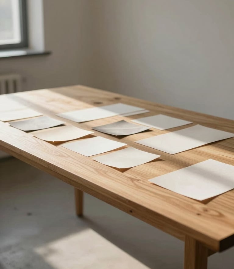 Wide shot of a sun-drenched, minimalist studio interior with a large oak table, textured paper swatches scattered across the surface, soft morning light casting long shadows