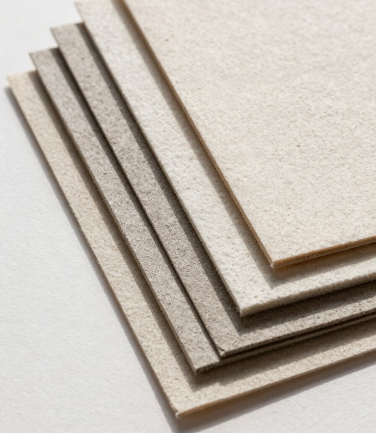 Close-up of textured heavy-weight cotton paper swatches stacked in an asymmetric fan, soft natural daylight casting gentle shadows, minimalist contemporary editorial style.