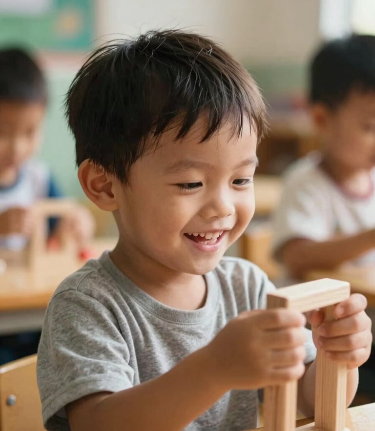 Cận cảnh một em bé Việt Nam khoảng 3 tuổi đang cười rạng rỡ, tay cầm đồ chơi gỗ trong lớp học mầm non ngập tràn ánh sáng tự nhiên.