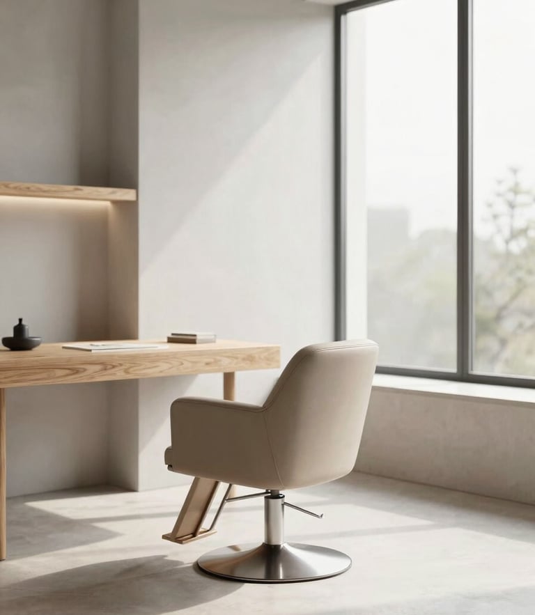 A serene, sunlit private salon suite with clean architectural lines, a single modern leather styling chair, large window with soft daylight, minimalist concrete and warm oak details, lookbook style.
