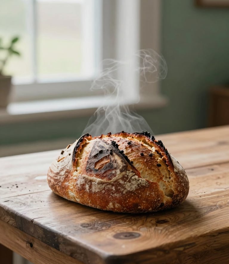 Warm editorial photograph of a rustic wooden table with fresh sourdough bread, steam rising, soft natural window lighting, cozy Scandinavian aesthetic, 35mm