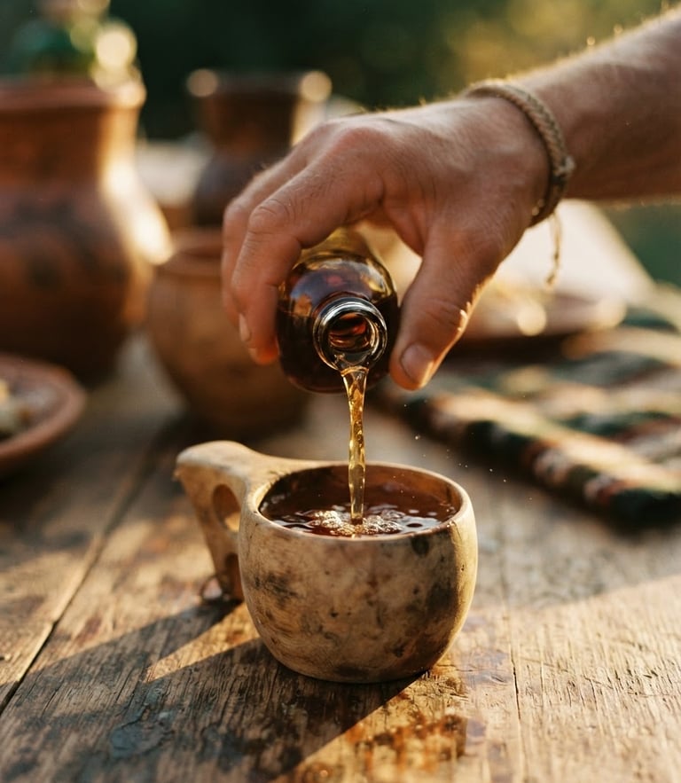 Warm golden hour natural light, close-up of a hand pouring clear amber Moke liquor into a traditional wooden cup, rustic wooden table background, shallow depth of field, 35mm film