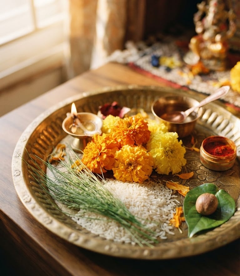 Close-up of a traditional brass pooja plate with fresh marigolds, rice grains, and darbha grass under warm morning sunlight, shallow depth of field, 35mm
