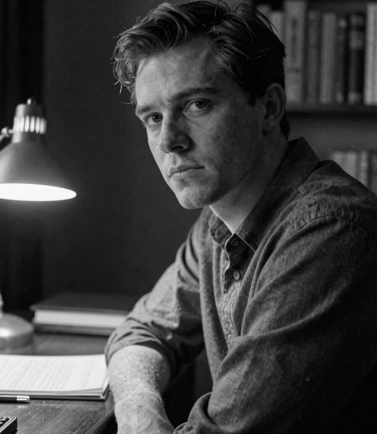 High-contrast black-and-white portrait of Russell James in a dimly lit London study, looking thoughtfully away from the camera, soft desk lamp lighting.