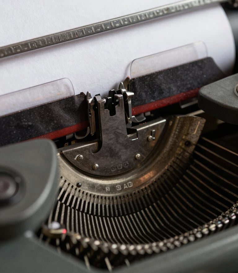 Extreme close-up of a vintage typewriter key striking a crisp white page, ink ribbon texture visible, high-contrast shadows.