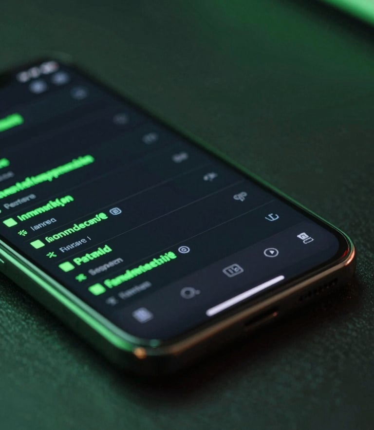 Macro close-up of a modern Android phone screen showing a clean, dark-mode terminal interface with electric green text, resting on a dark slate desk under moody neon green ambient lighting, shallow depth of field.