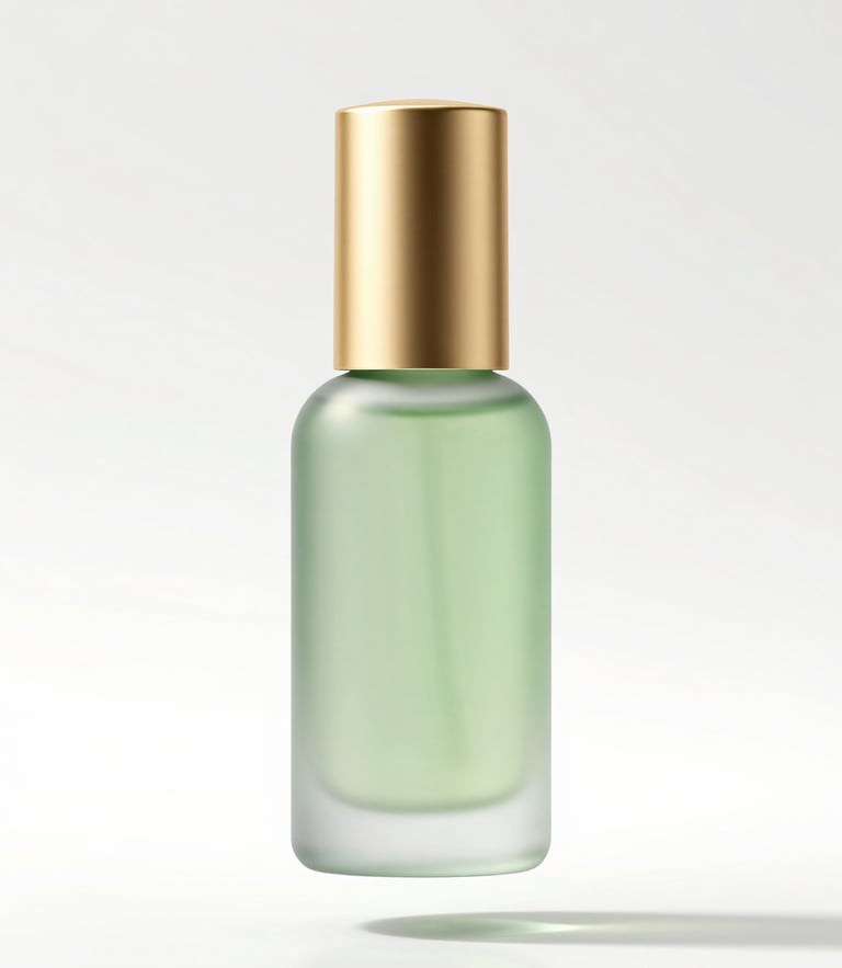 A floating 3D render of a frosted light-green serum bottle with a liquid gold cap, set against a pristine white clinical studio background with soft golden reflections.