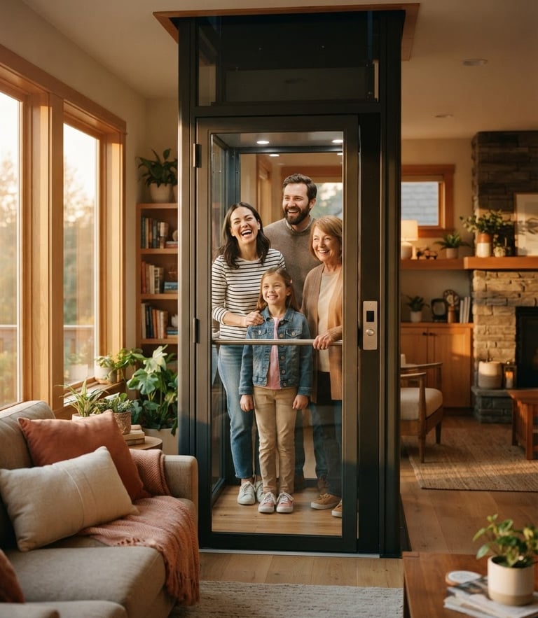 Candid medium shot of a modern warm living room, a family smiling as they use a sleek residential lift, golden-hour window light, 35mm photography