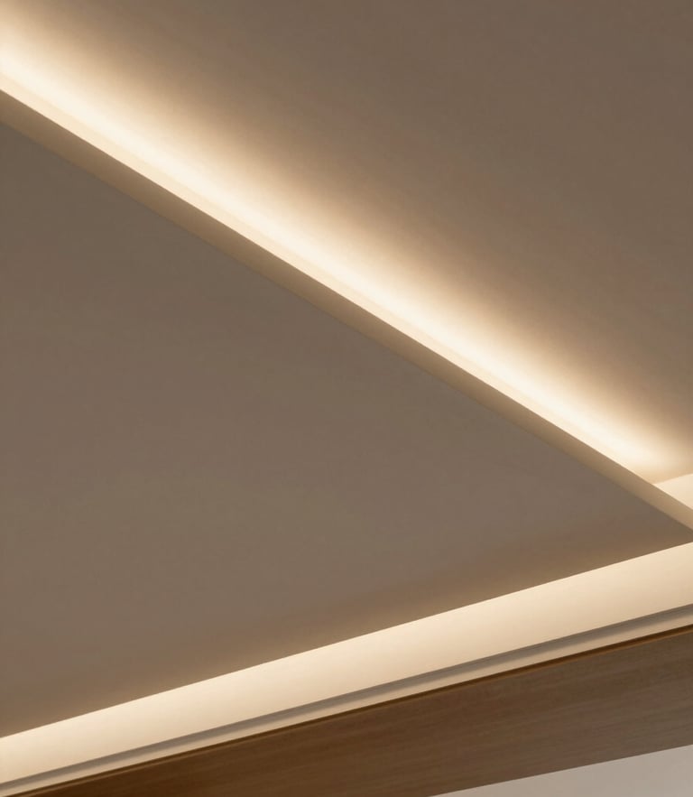 Low angle shot of a modern floating gypsum ceiling with warm integrated LED lighting, clean geometric lines, minimalist interior, architectural focus.