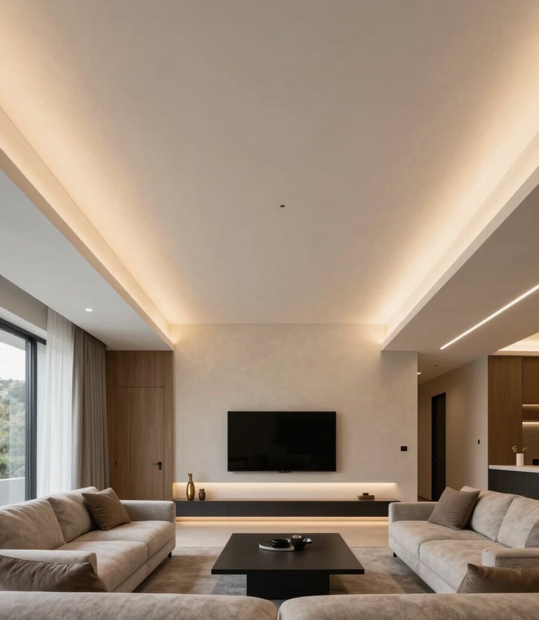 Straight-on architectural interior photography of a modern living room in Cuenca, showing a flawless gypsum ceiling with warm integrated LED lighting, clean lines, minimalist luxury, 35mm.