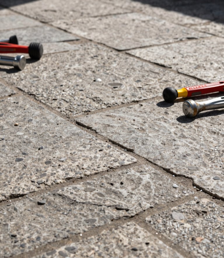 Vue rapprochée d'un pavage en pierre naturelle fraîchement posé à Nancy, joints parfaits, outils de maçonnerie posés proprement à côté sous une lumière matinale claire.