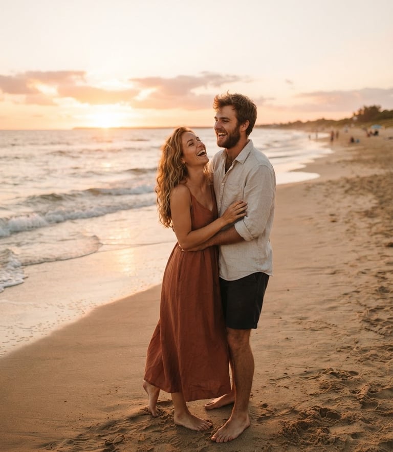 A warm, cinematic wide shot of a couple laughing candidly on a sun-drenched beach at golden hour, soft terracotta tones, 35mm film aesthetic.