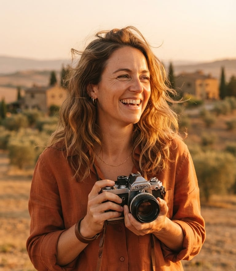 Candid portrait of a warm, smiling photographer with wind-blown hair, holding a vintage film camera, bathed in golden-hour sun, soft terracotta tones, shallow depth of field.