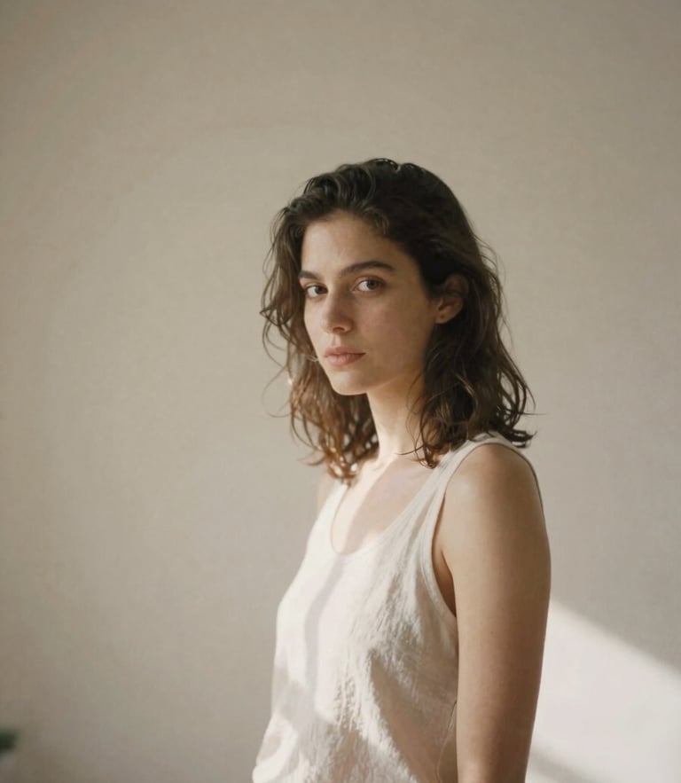 A minimalist, natural-light portrait of a female film editor in a warm, pale sand-toned studio, soft cinematic shadows, 35mm format