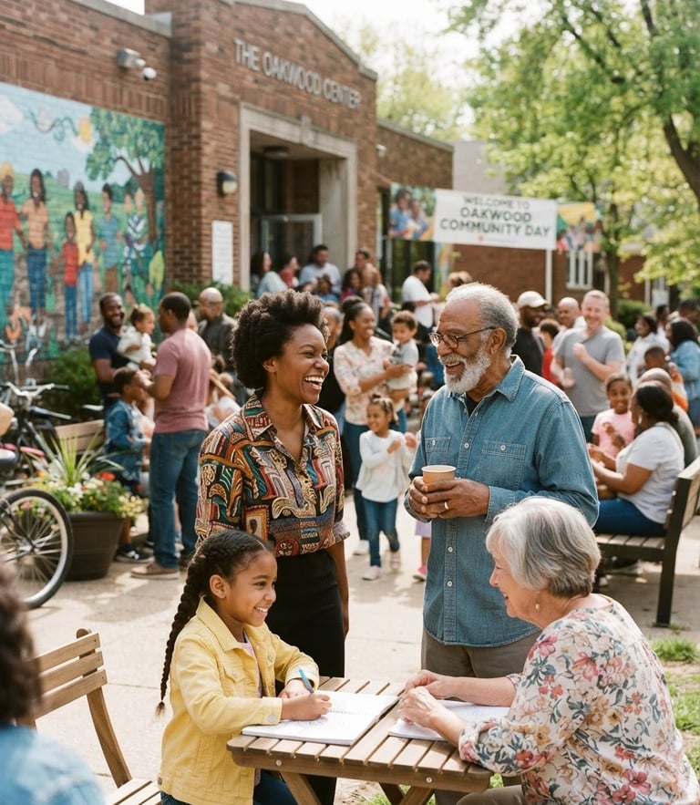 Warm documentary photography of community members gathering outside a local center, bright natural daylight, hopeful and authentic tones, candid eye-level framing, 35mm lens