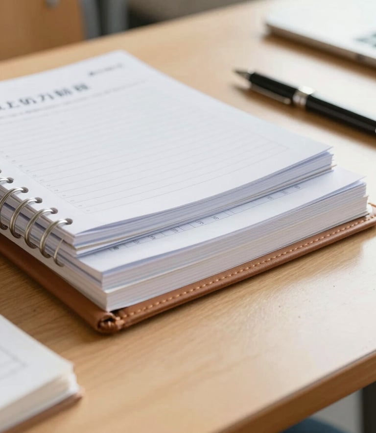 A close-up portrait of physical professional study guides, a leather planner, and a sleek pen resting on a clean wooden table in a bright, sunlit classroom, shallow depth of field.