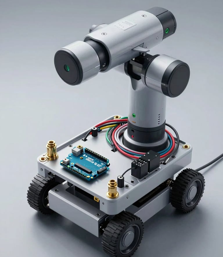 Top-down macro schematic of Agri Robot chassis, showing clean wiring harnesses, green LED indicators on an Arduino UNO controller, and brass pump fittings under studio lighting.