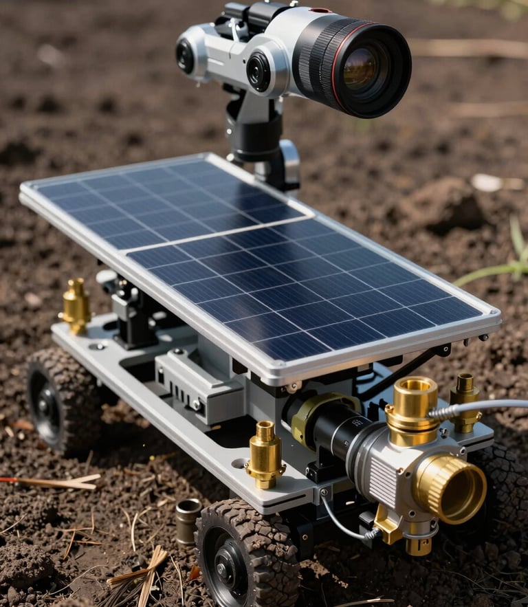 Macro shot of the Agri Robot chassis under harsh daylight, showing the integrated solar panel array and brass water pump fittings on dark soil.