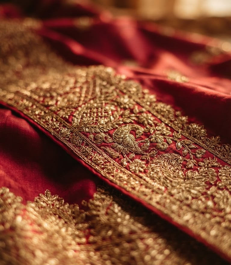 Close-up shot of rich crimson silk saree fabric with intricate gold zari embroidery, warm indoor lighting, shallow depth of field.