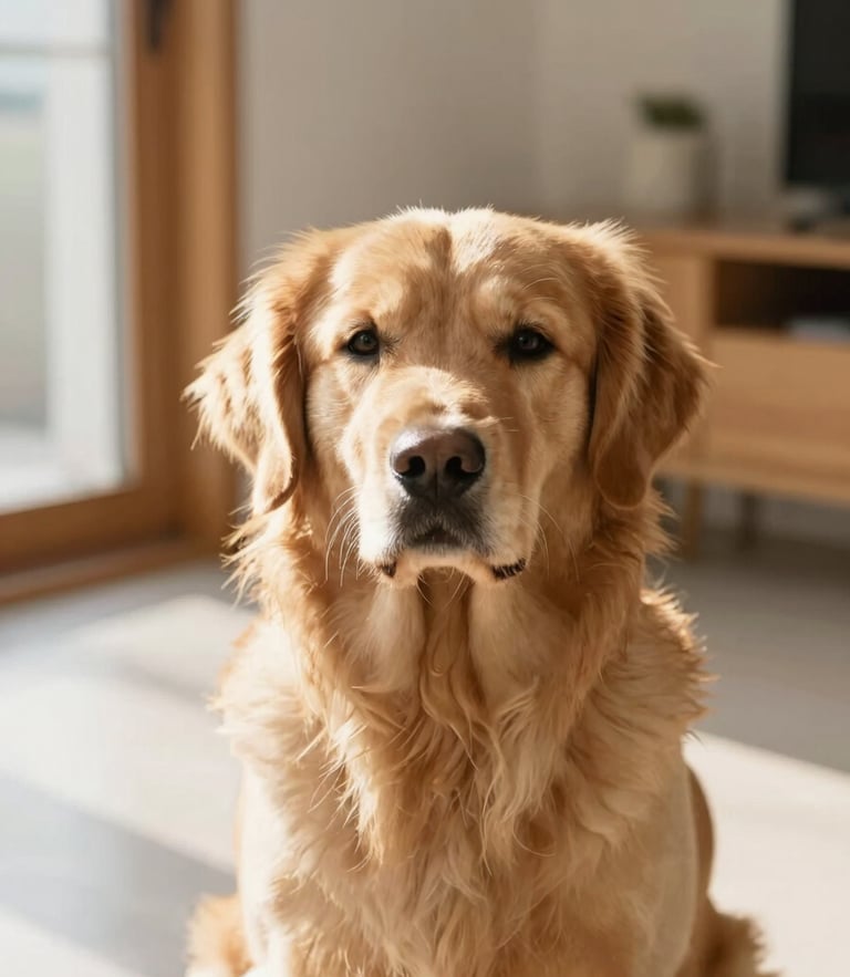 An eye-level portrait of a calm golden retriever sitting in a bright, sunlit private suite with natural wood accents and soft morning light.