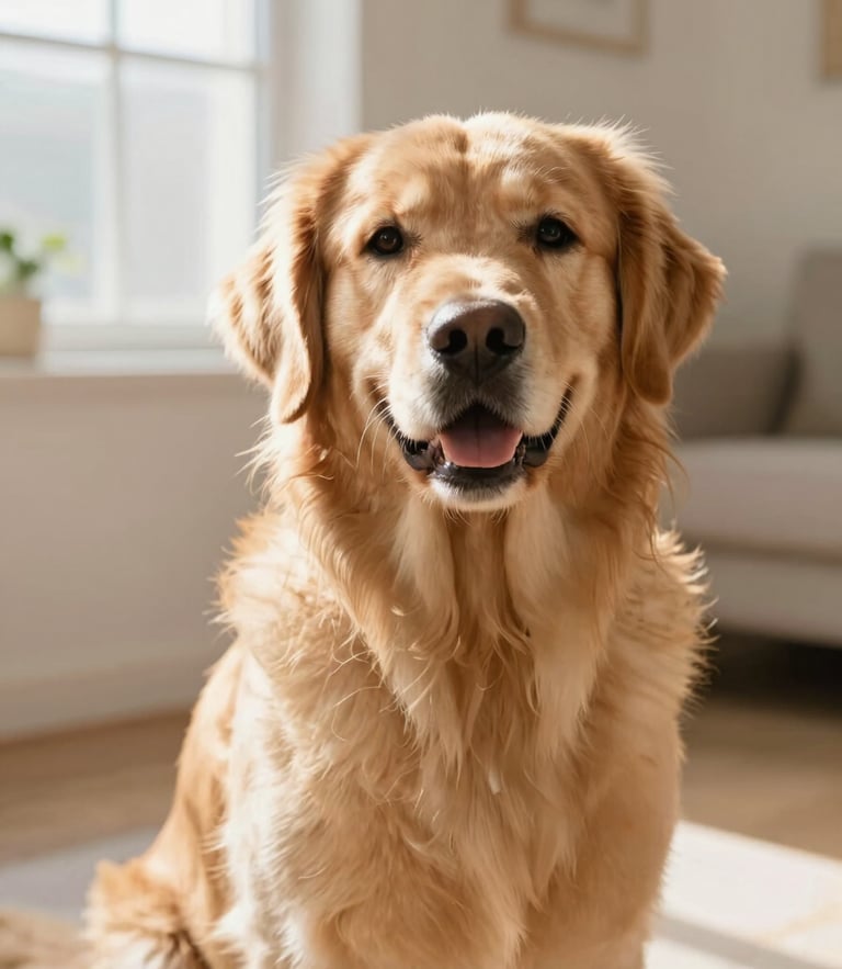 Eye-level portrait of a relaxed Golden Retriever sitting in a bright, clean private suite with soft sunbeams streaming through a window, warm editorial style