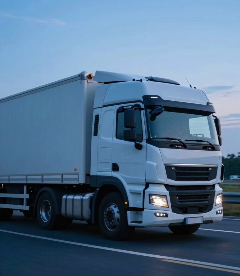 A modern freight truck in motion on a highway at twilight, cool blue tones, high-contrast crisp daylight, professional corporate photography
