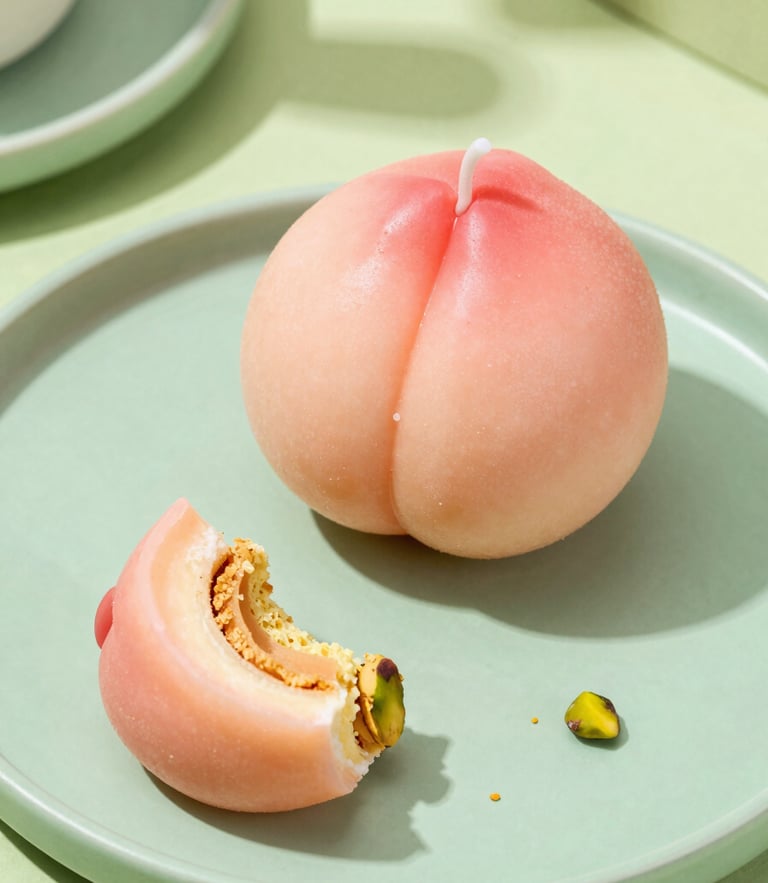 Overhead shot of a vibrant electric peach sculptural candle next to a half-eaten piece of cake on a pistachio green plate, hard direct sunlight with sharp playful shadows.