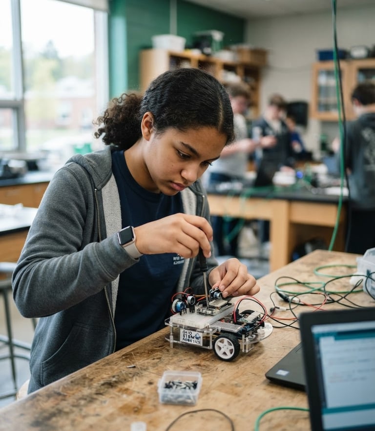 A medium shot of an American high school student in Ohio focused on assembling a small programmable robotics kit, bright natural daylight, cool tones with subtle emerald accents, shallow depth of field