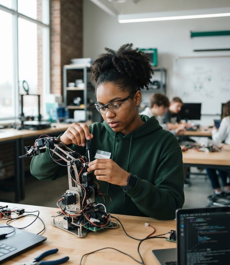 A focused young American woman of color working with robotics in a bright modern Ohio classroom, natural daylight, shallow depth of field