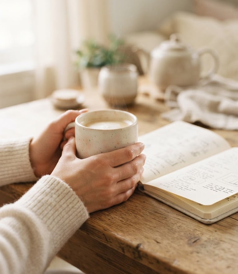 Soft macro shot of hands holding a warm ceramic cup next to an open notebook on a wooden table, soft morning light, cozy pastel aesthetic
