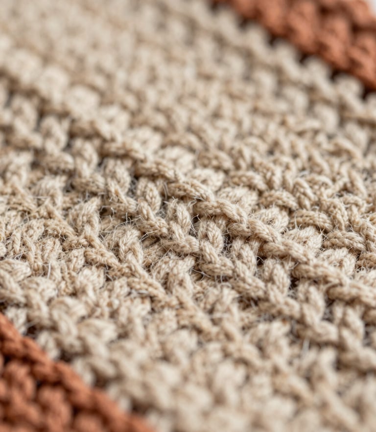 Macro shot of detailed crochet stitches in sand and terracotta tones, showcasing the structural pattern and fiber quality, warm editorial lighting, shallow depth of field