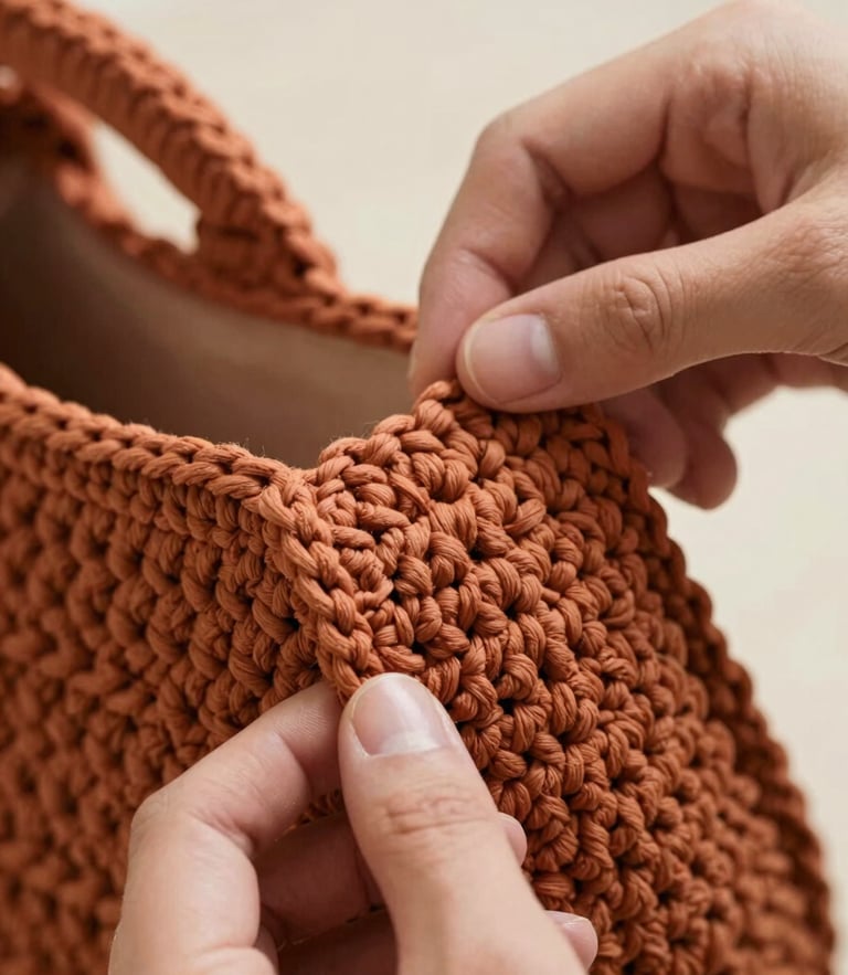 Macro close-up of intricate terracotta-colored crochet stitches, a person's hands gently holding a half-finished designer bag, warm editorial photography, soft natural daylight, neutral background
